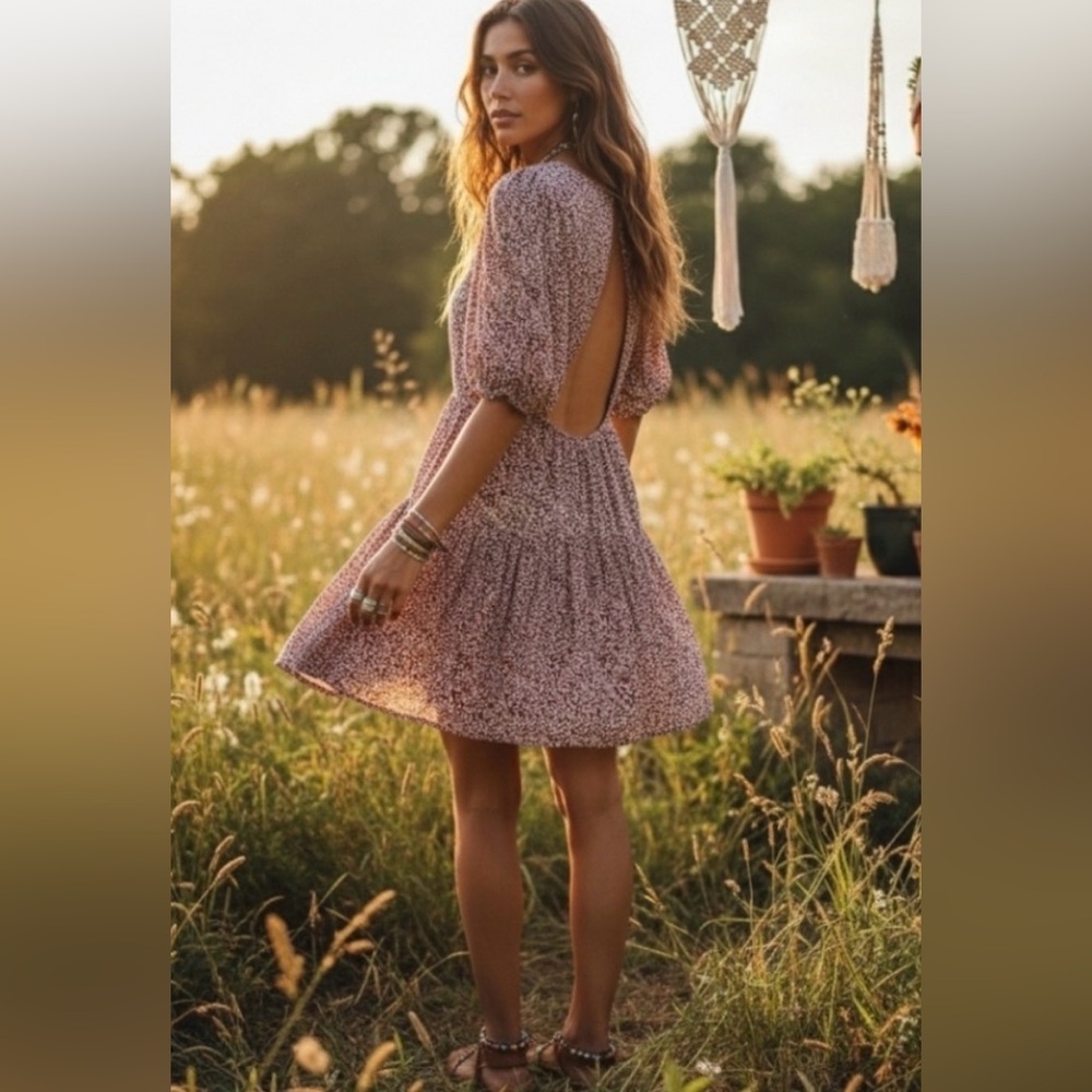 Free People Dancing in the Dark Dress Open-Back Puff Sleeve Sz Large
